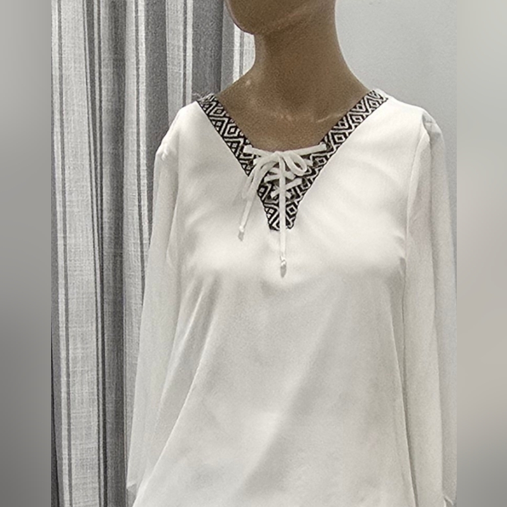 998 Womens In Studio White Blouse Top V Neck Tie Semi Sheer Elastic Waist Sz PS